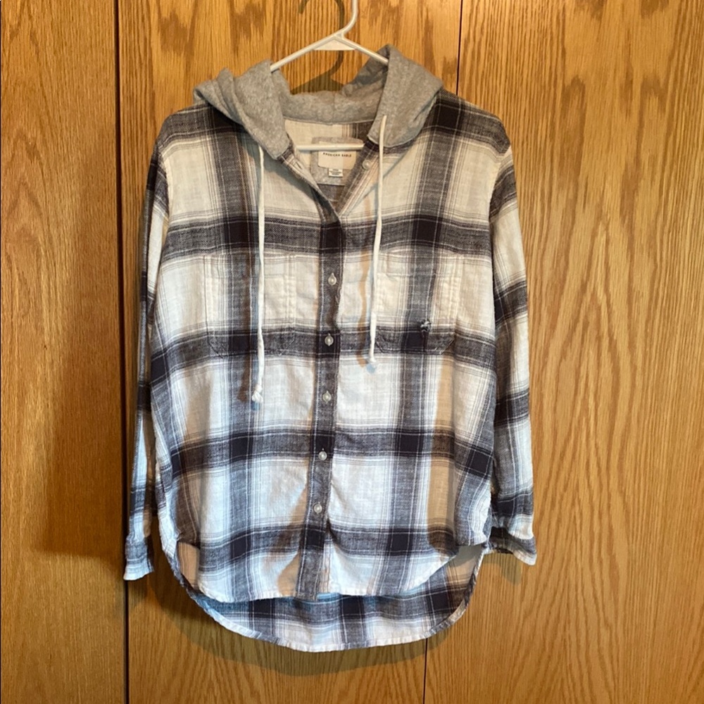 American Eagle Outfitters Gray Plaid Hoodie Shirt. Size small. - Picture 1 of 3